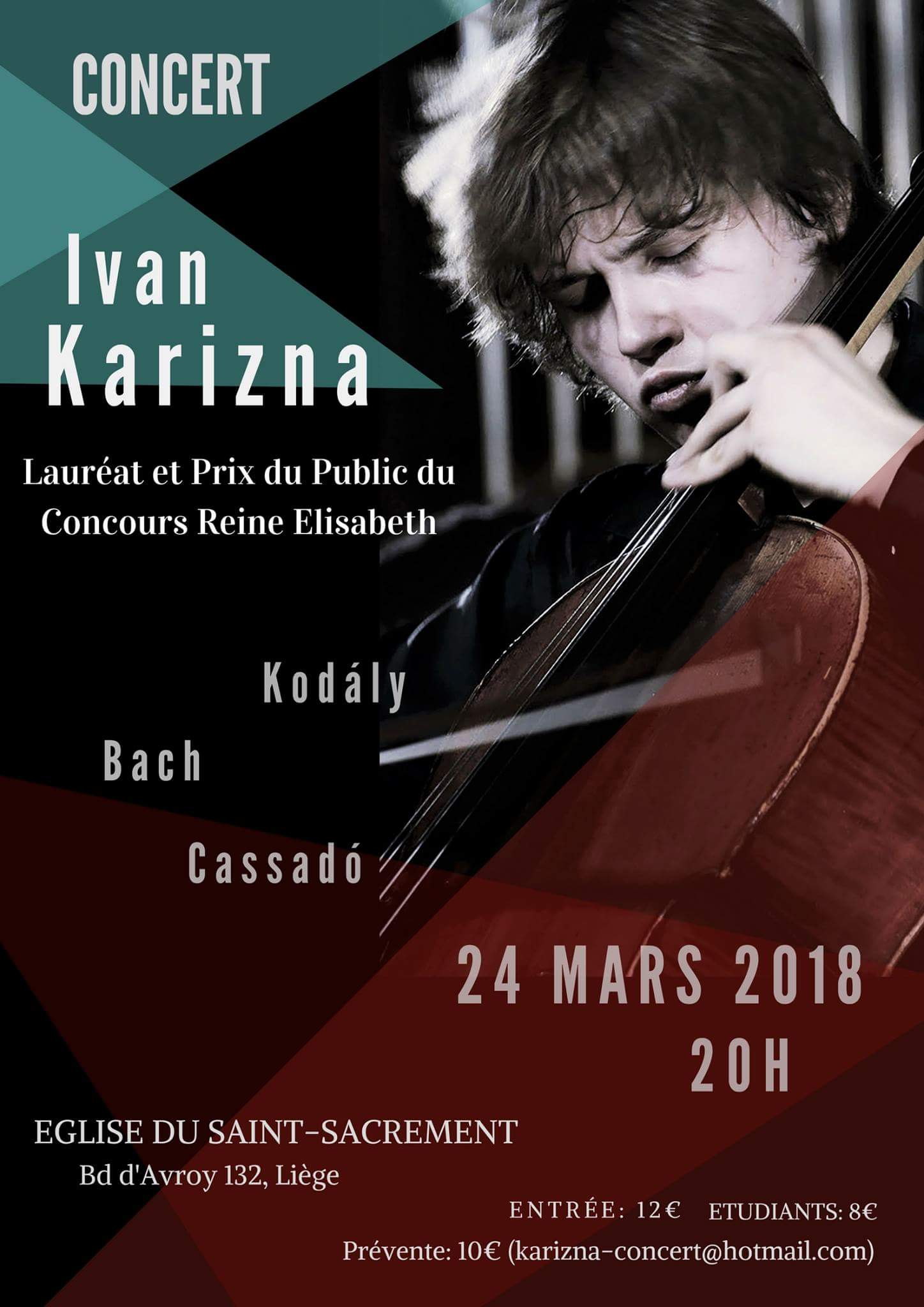 Affiche. Liège. Concert Ivan Karizna -  Koldaly, Bach, Cassado. 2018-03-24